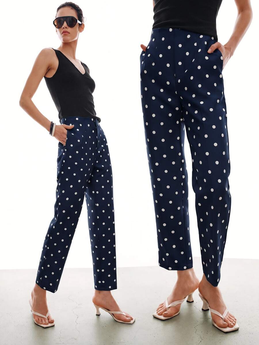 MOTF PREMIUM MINIMALIST FRENCH POLKA DOT TAPERED ANKLE PANTS - Navy Blue - View 1