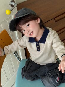 DAZY Infant (Boy) Contrast Color Long Sleeve Sweater With Turn-Down Collar Fall - Apricot - View 3
