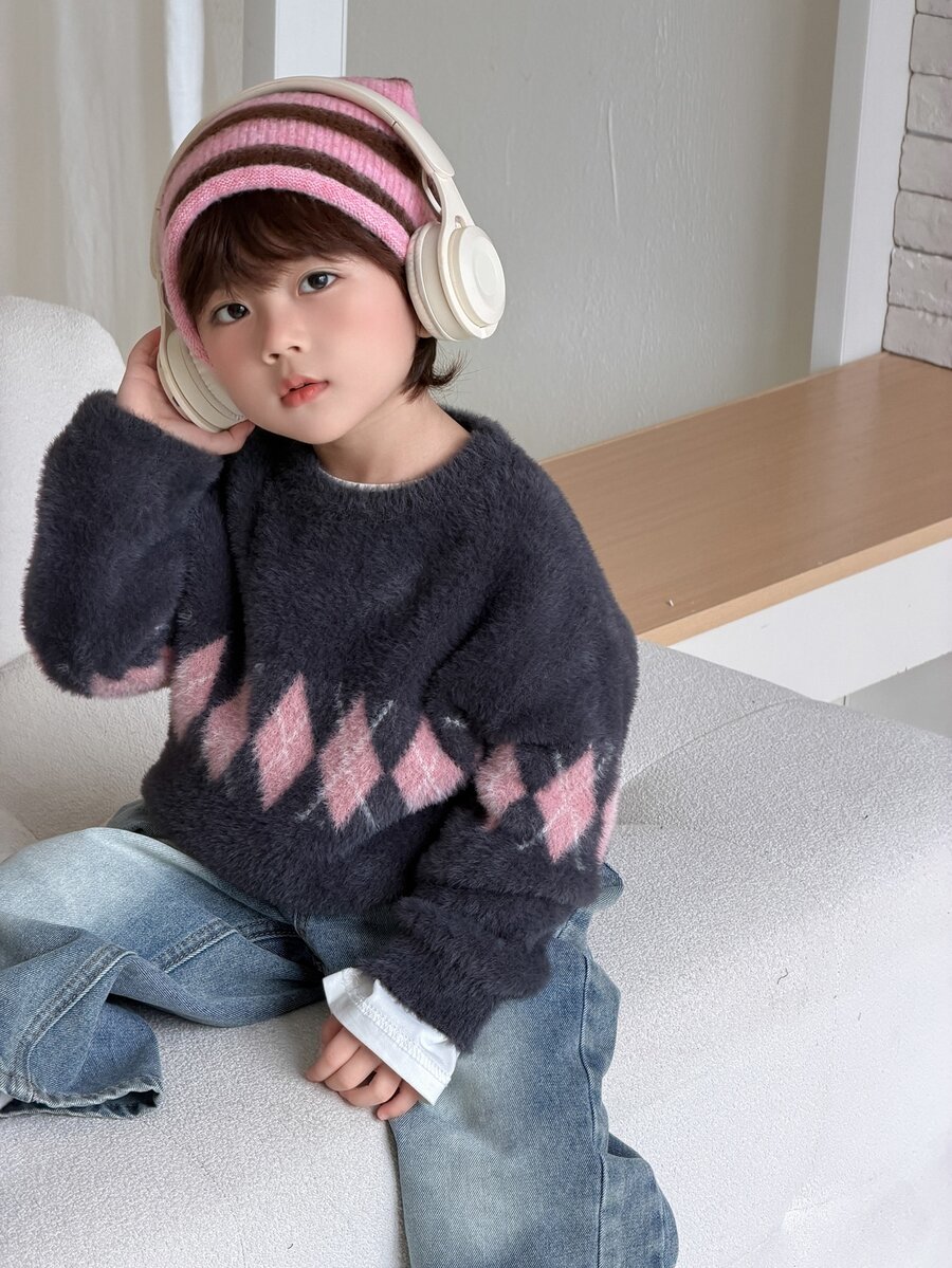 DAZY Infant/Toddler (Boy) Round Neck Diamond Grid Long Sleeve Autumn/Winter Korean Style Sweater - Grey - View 1