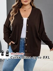 SHEIN CURVE+ 大尺碼女款純色長袖單排扣休閒針織開襟衫 - 咖啡棕 - 查看 1