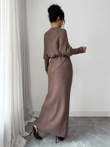SHEIN Elenzya 秋冬慵懶法式風溫柔高級感針織套裝，腰繩繫帶可調節腰線，日常街頭通勤約會百搭極簡風女款毛衣兩件套 - 摩卡棕 - 查看 2