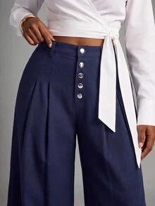 SHEIN Lunessa Celana Panjang Denim Model Melengkung yang Modis untuk Komuter - Biru - View 5