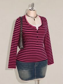 SHEIN ICON Women's Plus Size Autumn/Winter Contrast Lace Black & Grey Striped Slim Fit T-Shirt Fall - Multicolor - View 4