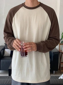 DAZY 男士棕色與深杏色拼接落肩袖圓領T恤，春/秋季 - 棕色 - 查看 8