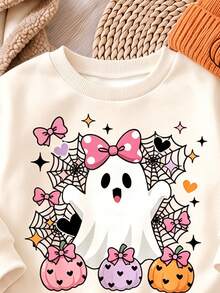 SHEIN 超可愛粉黑配色萬聖節南瓜小鬼波點圖案 Hey Bootiful Trick Or Treat 女嬰休閒柔軟圓領寬鬆衛衣＋內搭褲套裝，秋冬日常、萬聖節、甜美女孩風、南瓜季、BOO! - 彩色 - 查看 7