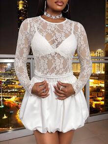 Glyssa Women's French Lace Sheer Top And Pleated Mini Skirt Set - Beige - View 6