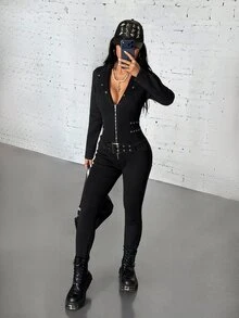 StreetHx Streetwear Women's Solid Color Long Sleeve Half-Zip Jumpsuit, Autumn - Black - View 5