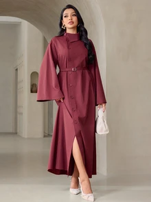 Veilorie Women's Elegant Commute Front Button Flared Sleeve Dress - Brown - View 5