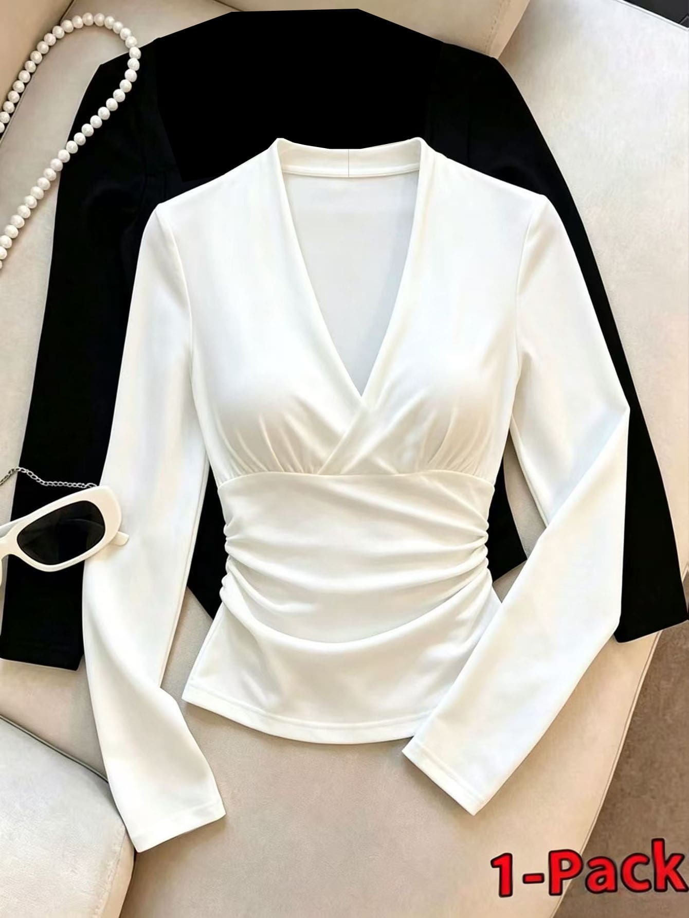 Resyla Women's Solid Color Long-Sleeve Casual T-Shirt With Wrap-Style Crisscross V-Neck And Ruched Detail - White - View 1
