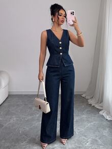 Elenzga Fashion Casual Washed Denim Vest & Pants Set - Dark Wash - View 1