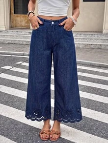 Serisse Women's High Waist Pocket Patchwork Hollow Embroidery Straight Leg Casual Jeans - Blue - View 6