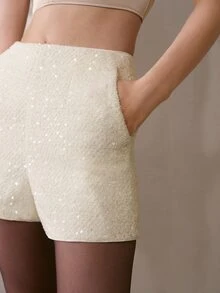 MOTF PREMIUM WOMEN'S AUTUMN/WINTER SEQUIN FABRIC SHORTS - Beige - View 6