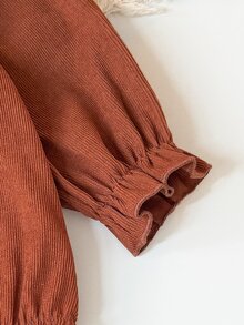 SHEIN 1件棕色女嬰花卉拼接彼得潘領長袖連身衣 秋季 - 卡其色 - 查看 3
