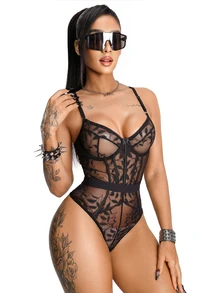 AltBold 1pc Lace Patchwork Bodysuit - Black - View 1