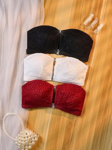 SHEIN 3pcs Convenient Front Closure Low Cut Lace Patchwork Non-Slip Bandeau Bra Set - Multicolor - View 1
