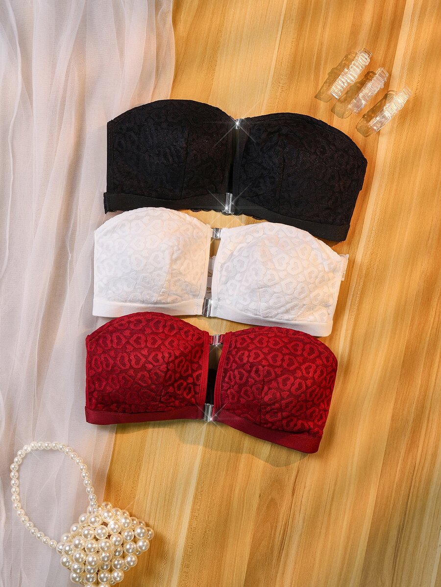 SHEIN 3pcs Convenient Front Closure Low Cut Lace Patchwork Non-Slip Bandeau Bra Set - Multicolor - View 1