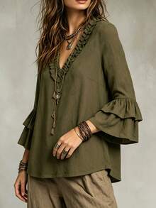 Glimmora Women's Solid Color Frill Trim V-Neck Flare Sleeve Casual Blouse - Army Green - View 5