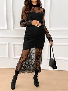 SHEIN Maternity Stand Collar Contrast Lace Long Sleeve Fitted Elegant Dress Fall - Black - View 1