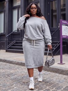 Slaydiva Autumn/Winter Plus Size Grey Asymmetrical Shoulder Loose Drop Shoulder Top And Skirt Set, 2 Pieces Sweatshirt Outfit Fall Formal Vacation Casual Sport - Grey - View 3