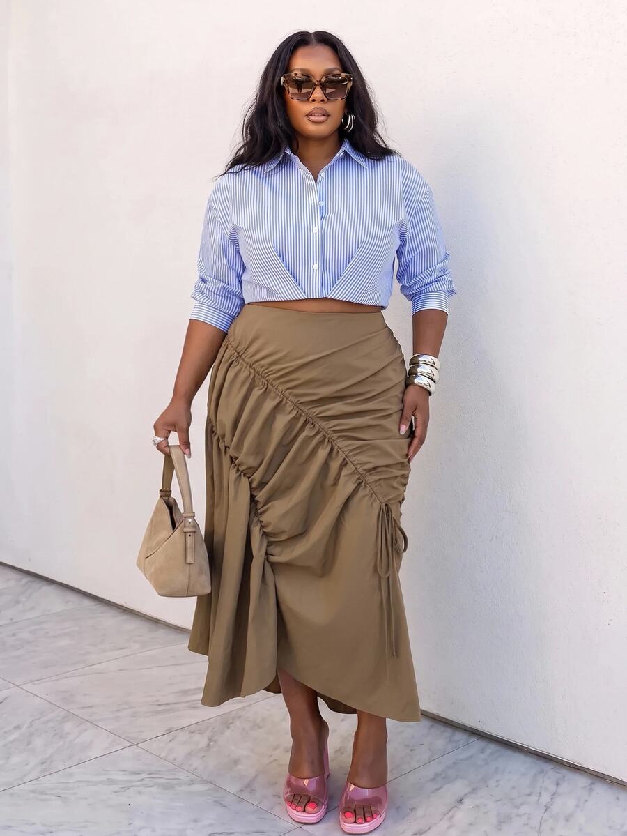 Slaydiva Autumn/Winter Casual Street Khaki Asymmetric Ruched Fishtail Skirt Plus Size Fall
