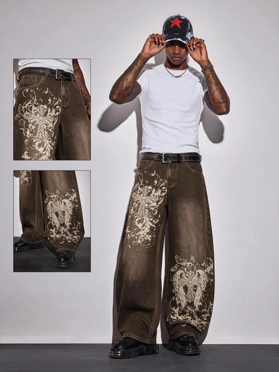 ROMWE MEN Casual بنطلون جينز رجالي مقاس كبير بنمط متقاطع وجيوب وساق واسعة فضفاض كاجوال - لون نحاسي - مشاهدة 1