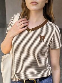 Women's Korean Style Bow Pattern Print Striped Short Sleeve T-Shirt - Coffee Brown - View 1