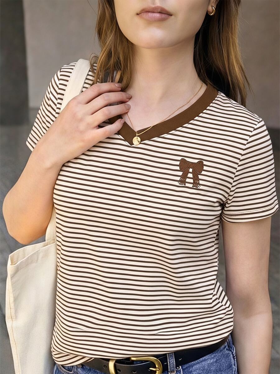 Women's Korean Style Bow Pattern Print Striped Short Sleeve T-Shirt - Coffee Brown - View 1