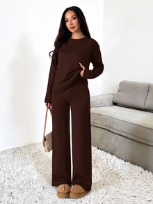SHEIN PETITE 女款純色圓領長袖毛衣搭配長褲休閒正裝套裝，秋冬款 - 咖啡棕 - 查看 8