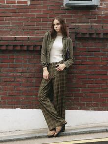 Nöista High Waist Plaid Wide Leg Pants With Patch Pockets. Fall Winter, Casual, Everyday, Back To School. - Army Green - View 6