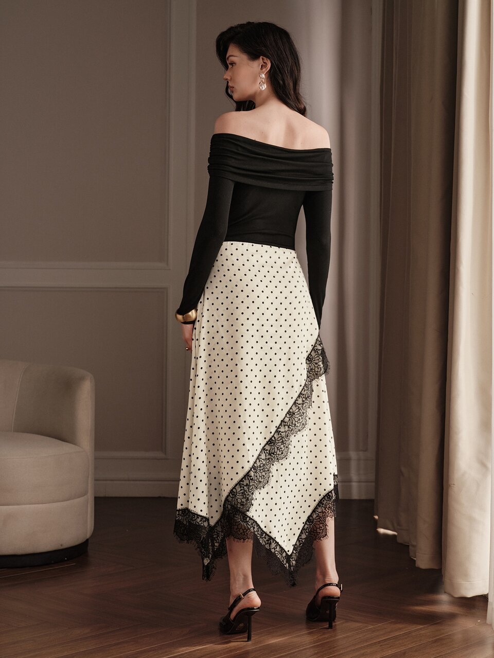 Women's Mid-Length Black Patchwork Polka Dot Elegant Dress, Off-Shoulder Lace Trim Autumn Dress For Party Wear