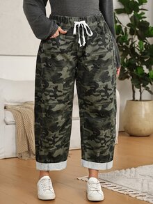 EMERY ROSE Plus Size Fashion Camouflage Print Drawstring Waist Pocket Denim Cropped Pants,Elastic Waistband Relaxed Fit,Tapered Leg,Cuffed Hem,Halloween,Christma - Army Green - View 1