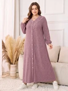 Lacomfia Đầm tay dài gân chải lông size lớn cho nữ, đầm thường ngày cho nữ - Bụi hồng - Xem 5