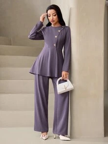 Veilorie طقم نسائي كاجوال من قطعتين بلون موحد، قميص بأكمام طويلة وأزرار أمامية وبنطلون - الأرجواني - مشاهدة 5