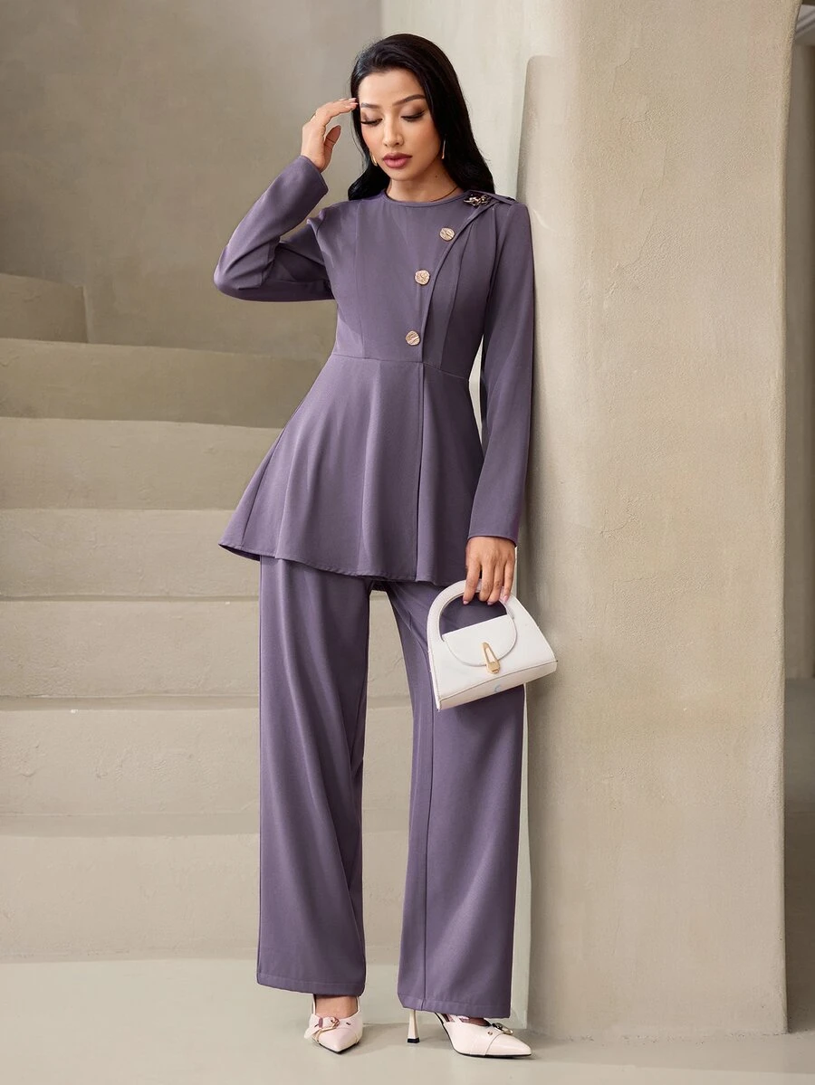 Veilorie Women's Solid Color Single-Breasted Long Sleeve Shirt And Pants Casual 2 Pieces Set - Purple - View 1