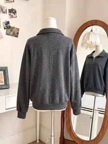 SHEIN Sparklyn 青少年女孩純色落肩長袖半拉鍊休閒運動衫 - 深灰色 - 查看 3