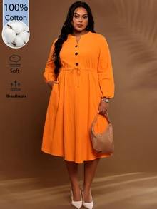 BrightlyHer Plus Size Autumn Casual Solid Color Drawstring Waist Dress - Burnt Orange - View 3