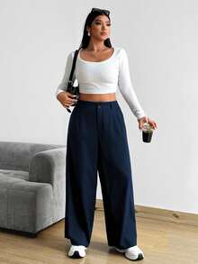 Vionelle Plus Size Loose Straight Leg Wide Leg Pants With Pockets Solid Color - Navy Blue - View 7