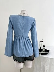 Elamini Women's Knot Design Long Sleeve Casual Denim Top - Blue - View 3