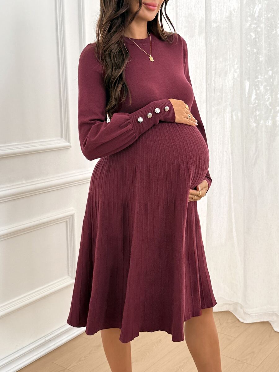 SHEIN Maternity Autumn/Winter Casual Knit Dress - Burgundy - View 1