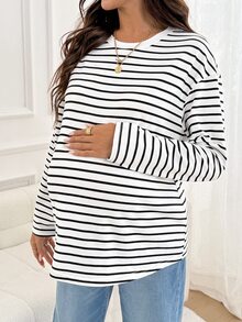 SHEIN Maternity Striped Crew Neck Drop Shoulder Long Sleeve Casual T-Shirt - White - View 6