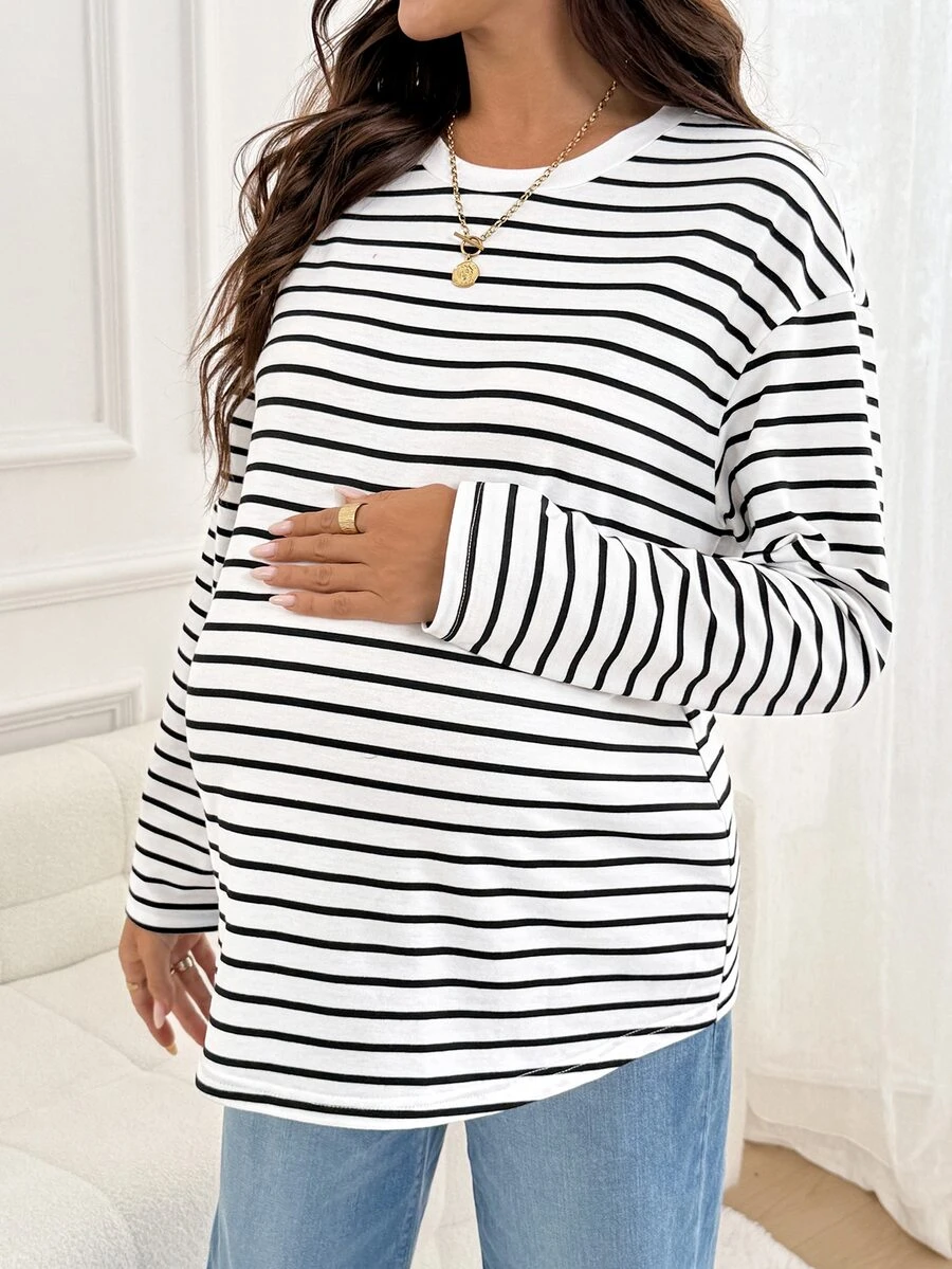 SHEIN Maternity Striped Crew Neck Drop Shoulder Long Sleeve Casual T-Shirt - White - View 1