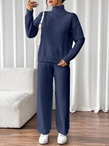 SHEIN 女款百搭高領長袖毛衣與長褲兩件套 - 寶藍色 - 查看 5