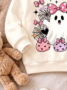 SHEIN 超可愛粉黑配色萬聖節南瓜小鬼波點圖案 Hey Bootiful Trick Or Treat 女嬰休閒柔軟圓領寬鬆衛衣＋內搭褲套裝，秋冬日常、萬聖節、甜美女孩風、南瓜季、BOO! - 彩色 - 查看 6