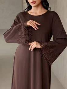 Veilorie Women's Elegant Commute Lace Patchwork Long Dress - Brown - View 3