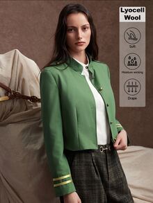 Zovinel Lyocell Wool Fabric Women's Autumn Fashion Vintage Cropped Jacket,Back To School, Casual Work,Elegant Fall Autumn/Winter - Army Green - View 1