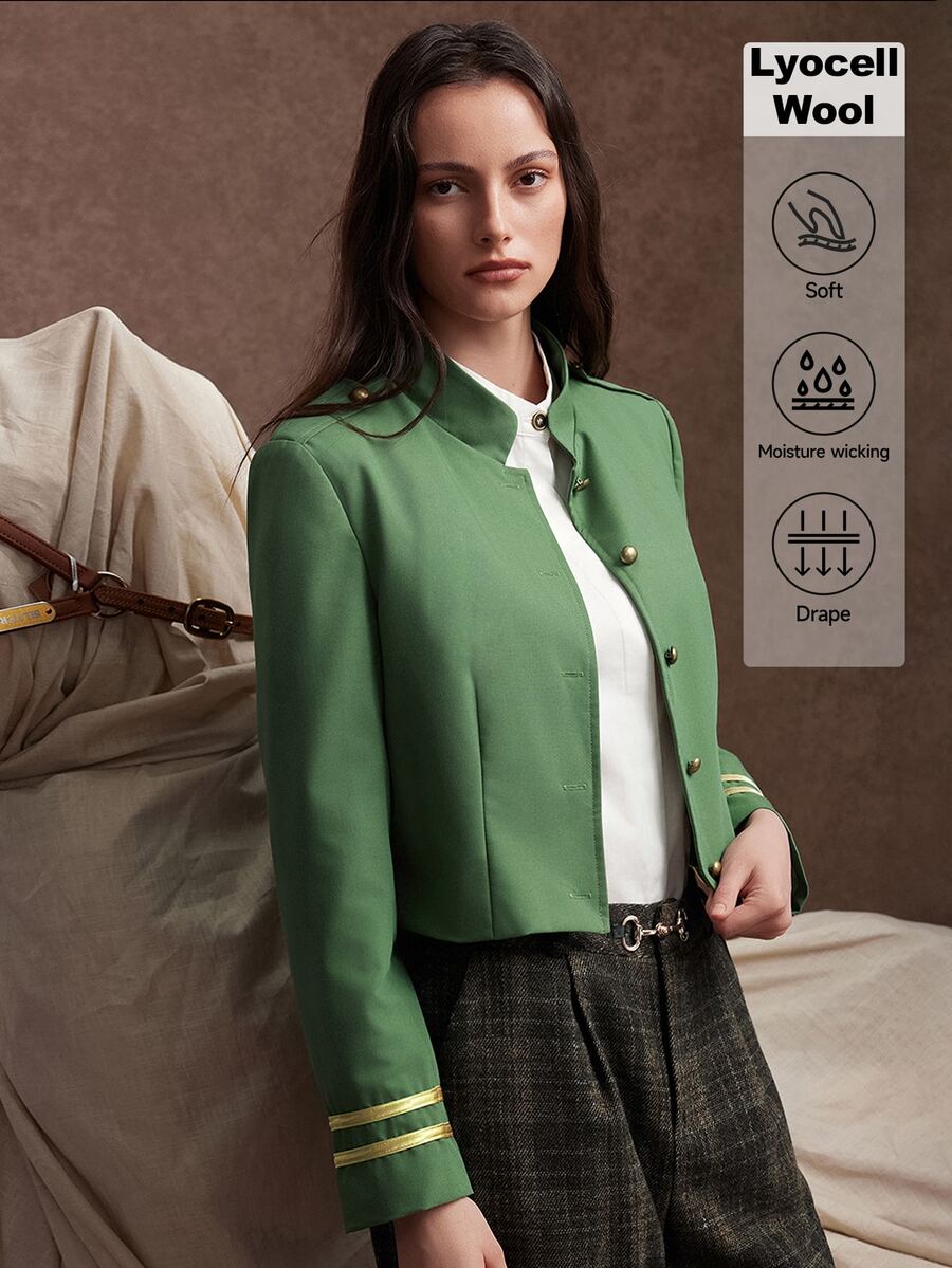 Zovinel Lyocell Wool Fabric Women's Autumn Fashion Vintage Cropped Jacket,Back To School, Casual Work,Elegant Fall Autumn/Winter - Army Green - View 1