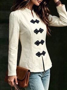 SHEIN Women's Chinese Style Blouse With Black Frog Buttons, Minimalist Commute And Party Wear For Autumn/Winter - Apricot - View 4