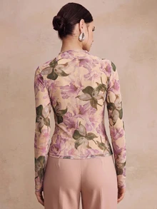 Anewsta 春夏新款優雅時尚休閒派對度假出遊彈性修身印花女款打底T恤 - 杏色 - 查看 7