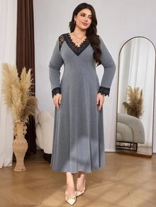 Lacomfia Women's V-Neck Long Sleeve Lace Patchwork Versatile Comfortable Casual Home Plus Size Dress - Grey - View 5