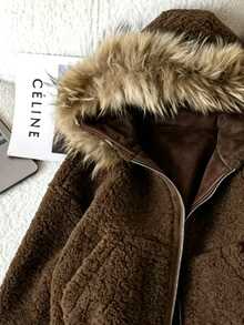 Franclia New Women's American Vintage Casual Loose Slimming Oversized Fur Collar Zip-Up Long Sleeve Jacket - Brown - View 3